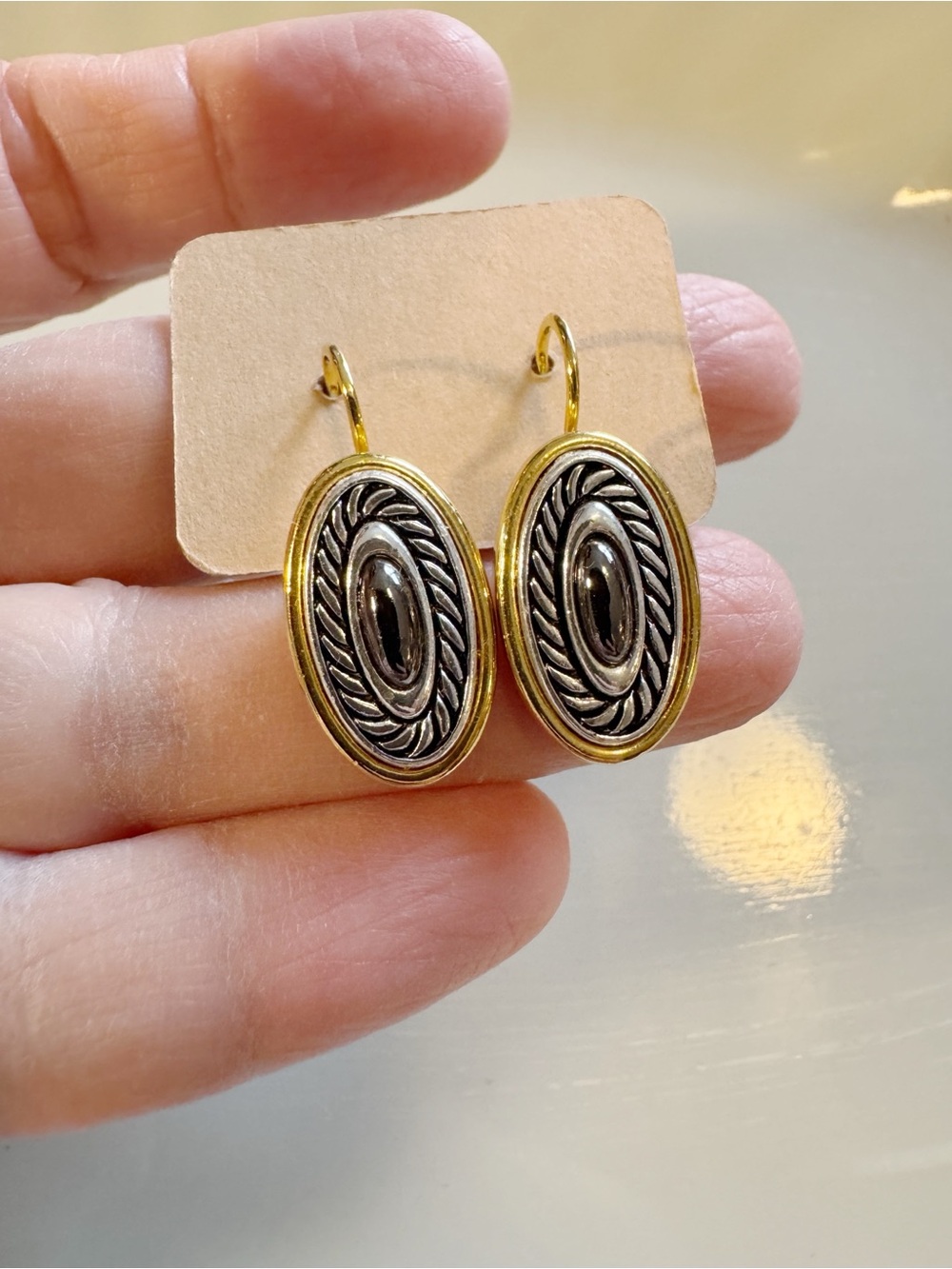 Tri-Tone Oval Lever-Back Earrings Silver and Gold with Hematite - Rope Frame